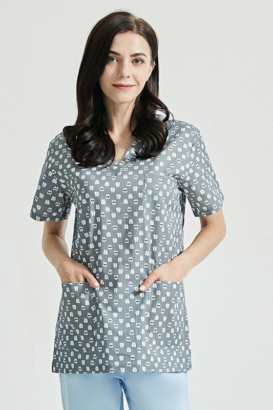 Tandartsblouse - Grijs met tandenprint