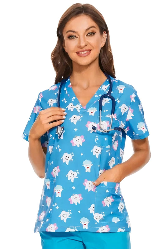 Medische blouse - Hemelsblauw met tandenprint
