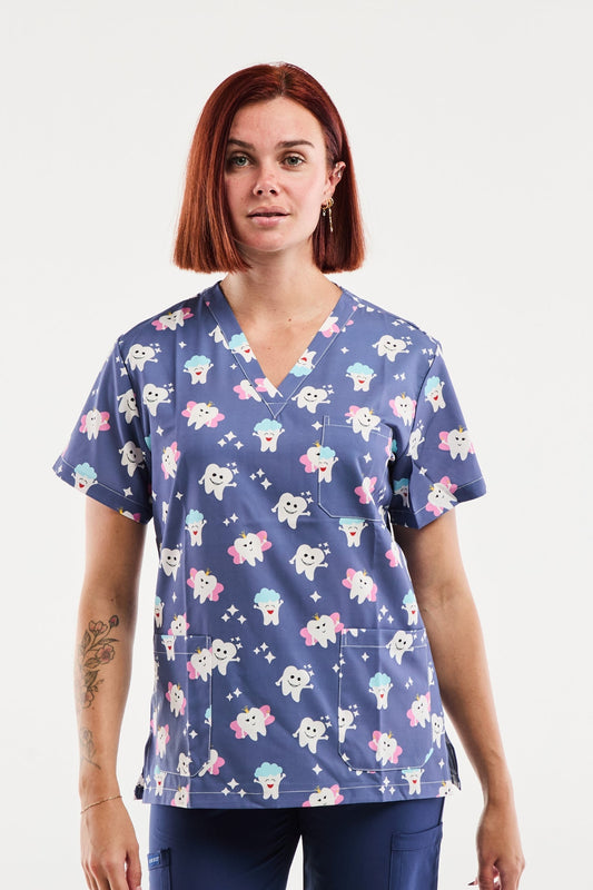 Medische blouse - Indigoblauw met tandenprint