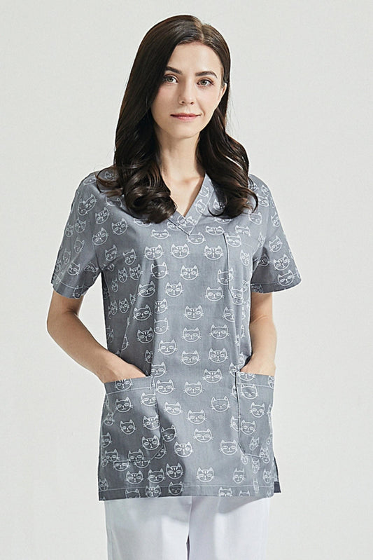 Medische blouse - Grijs met kattenprint
