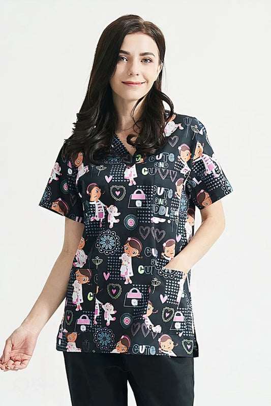 Medische blouse - Zwart met cute print