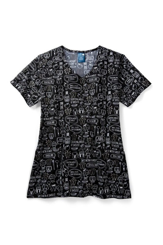 Medische blouse - Zwart met tandmotiefprint