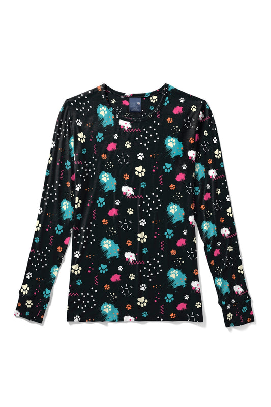 Medische blouse - Zwart met veelkleurige pootjesprint