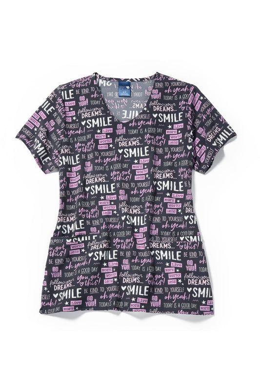 Medische blouse - Zwart met motiverende quotes, halflange mouw
