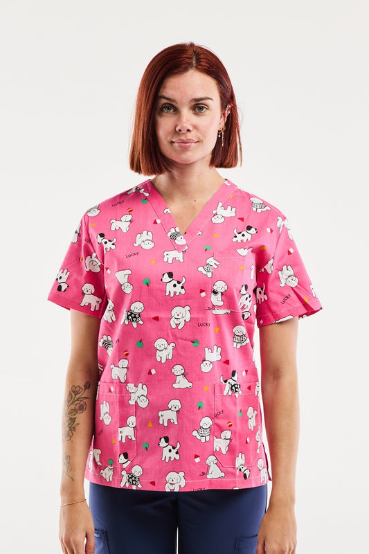 Medische blouse - Roze met puppyprint
