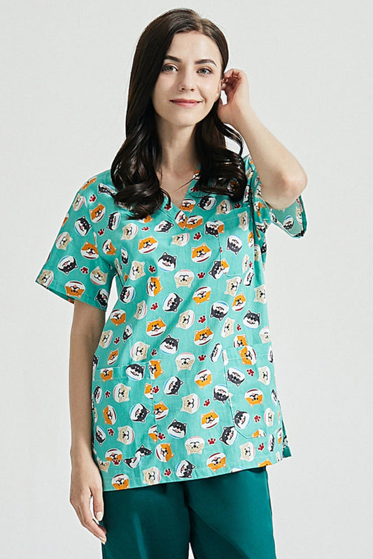 Unisex medische blouse - Turquoisegroen met puppymotief