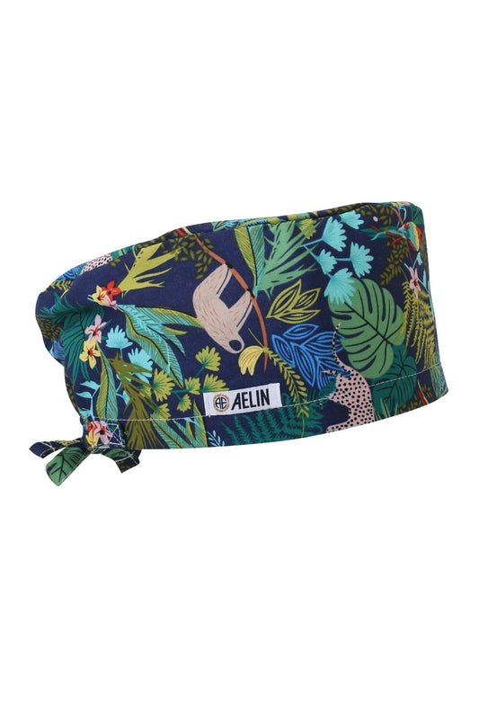 Chirurgische muts – Marineblauw met bladerprint – Bedekkend
