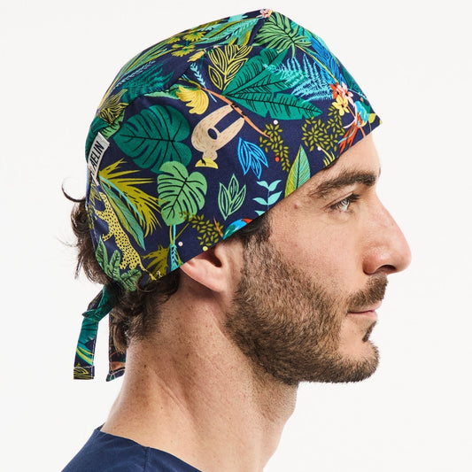 Chirurgenmuts – Marineblauw met bladerprint – Kort haar
