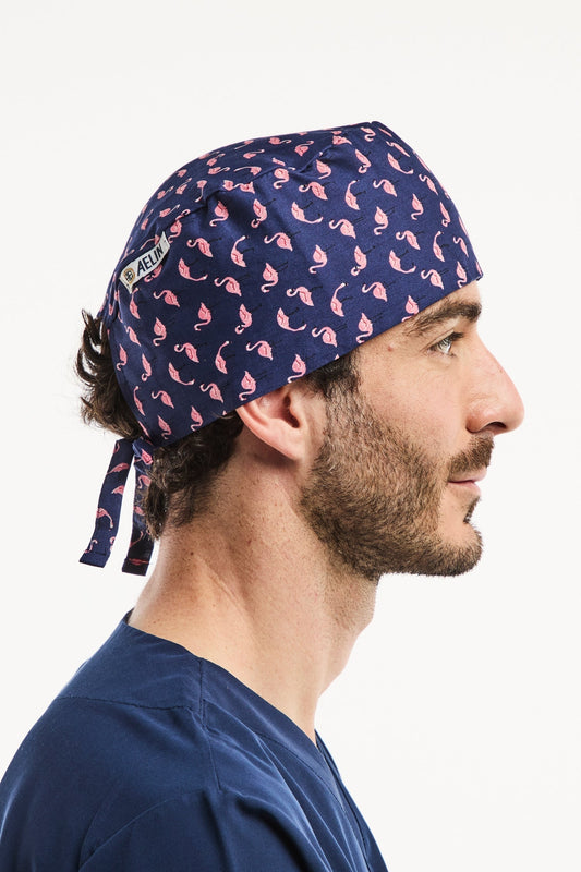 Chirurgenmuts – Marineblauw met flamingoprint – Kort haar
