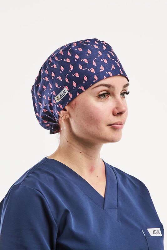 Chirurgenmuts – Marineblauw met flamingoprint – Bedekkend