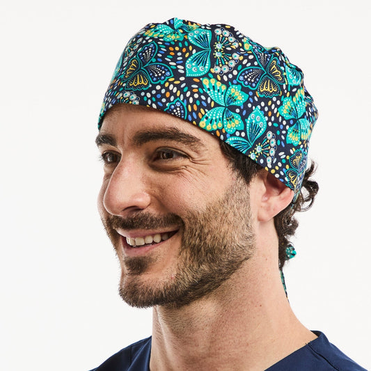 Chirurgenmuts – Marineblauw met vlinderprint – Kort haar
