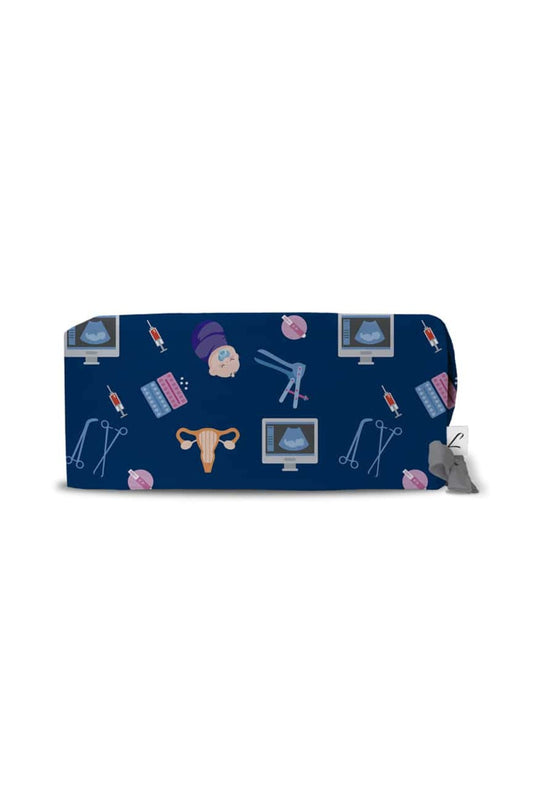 Portefeuille of pochette met unieke medische motieven op marineblauwe achtergrond, OK-muts