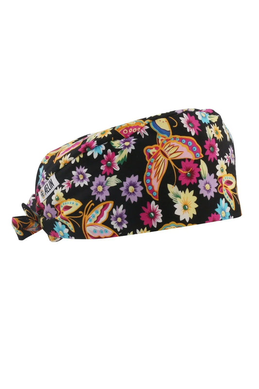 OK-muts – Zwart met vlinder- en bloemenprint – Kort haar