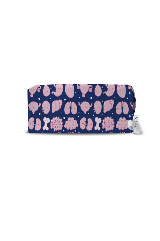 Marineblauwe medische muts met mini-orgaanmotieven en etui met blauwe en roze olifanten