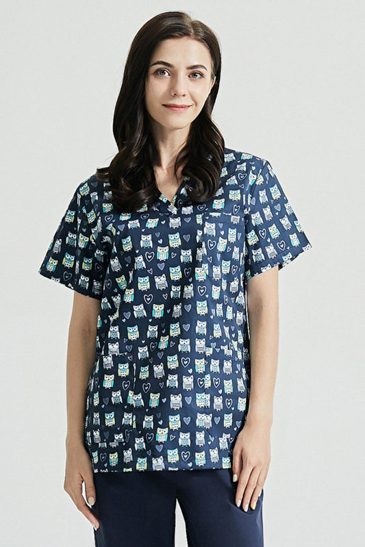 Tandartstuniek - Marineblauw met uilenmotieven