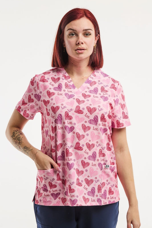 Medische stretchtuniek - Dames - Roze met hartjesprint