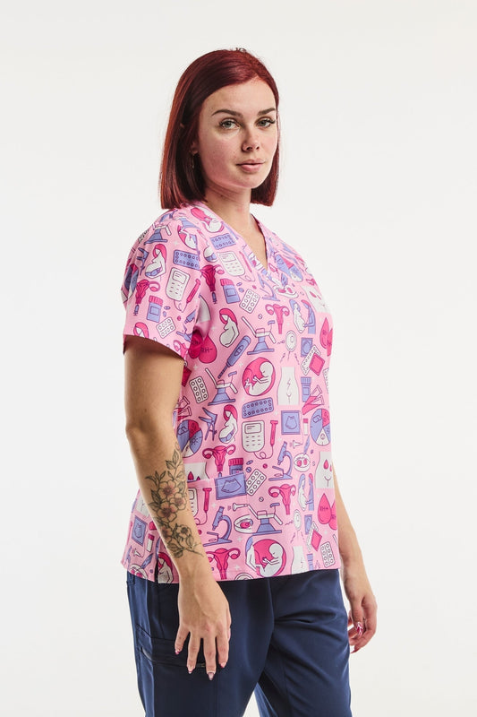 Medische stretchtuniek - Dames - Roze met gynaecologieprint
