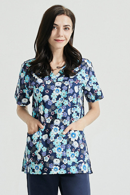 Unisex medische tuniek - Marineblauw met bloemenprint