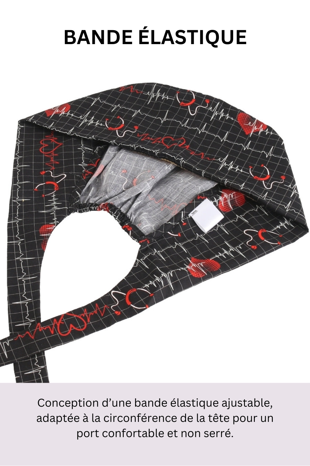 Calot médical – Noir avec motif floral – Cheveux courts