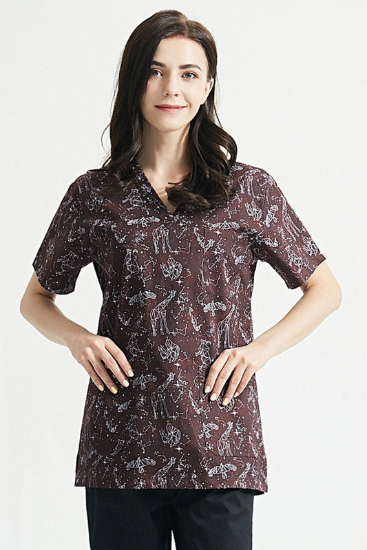 Medische blouse - Bruin met origamiprint