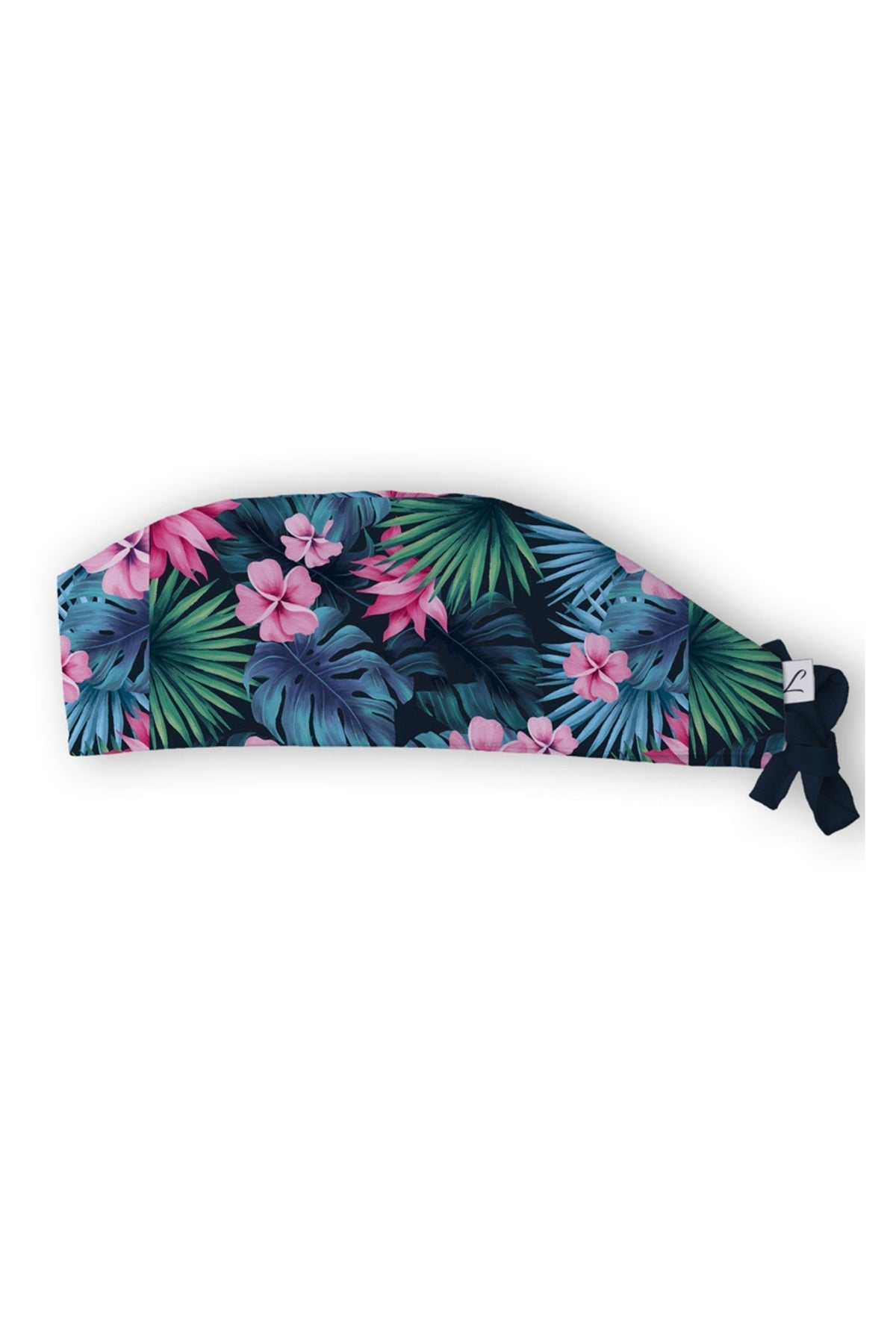 Marineblauwe medische muts van Aelin met unieke motieven en tropische strikband