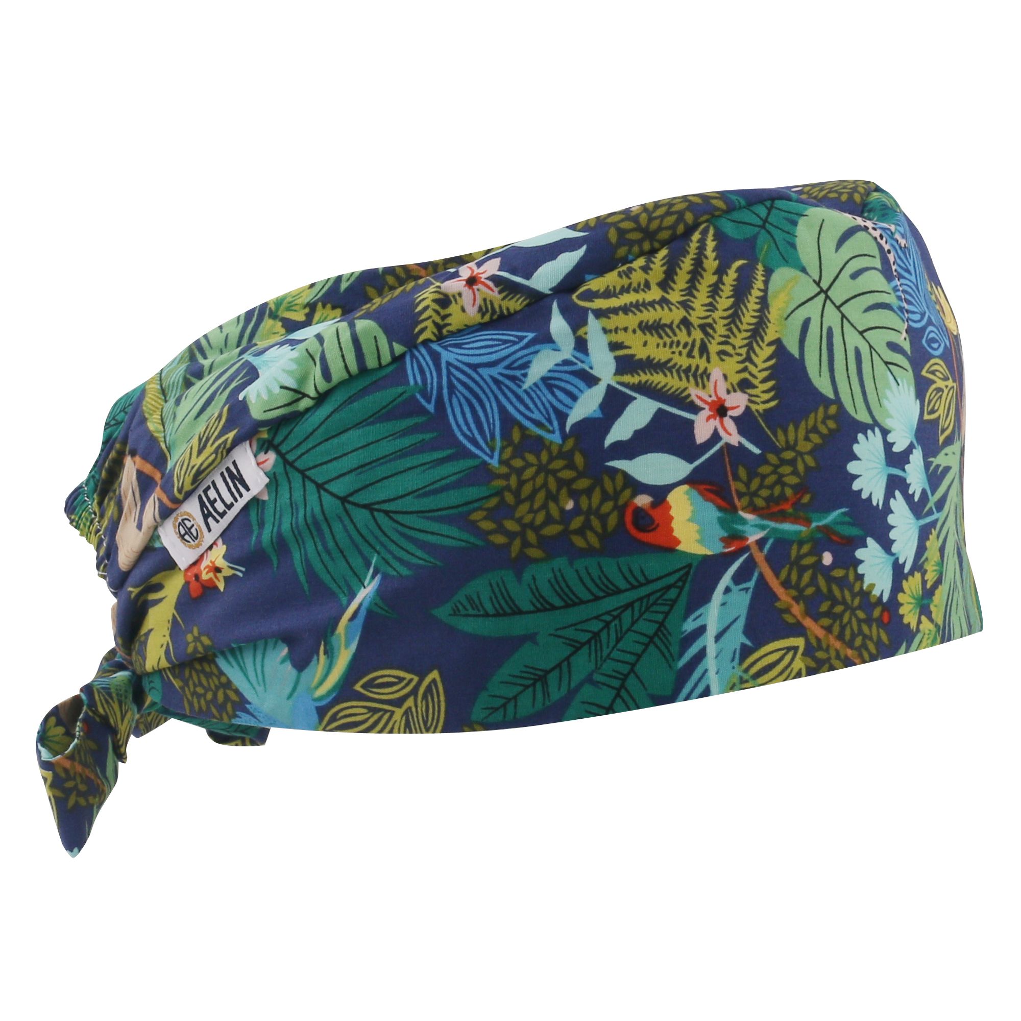 Calot chirurgien – Bleu marine imprimé feuilles – Cheveux courts
